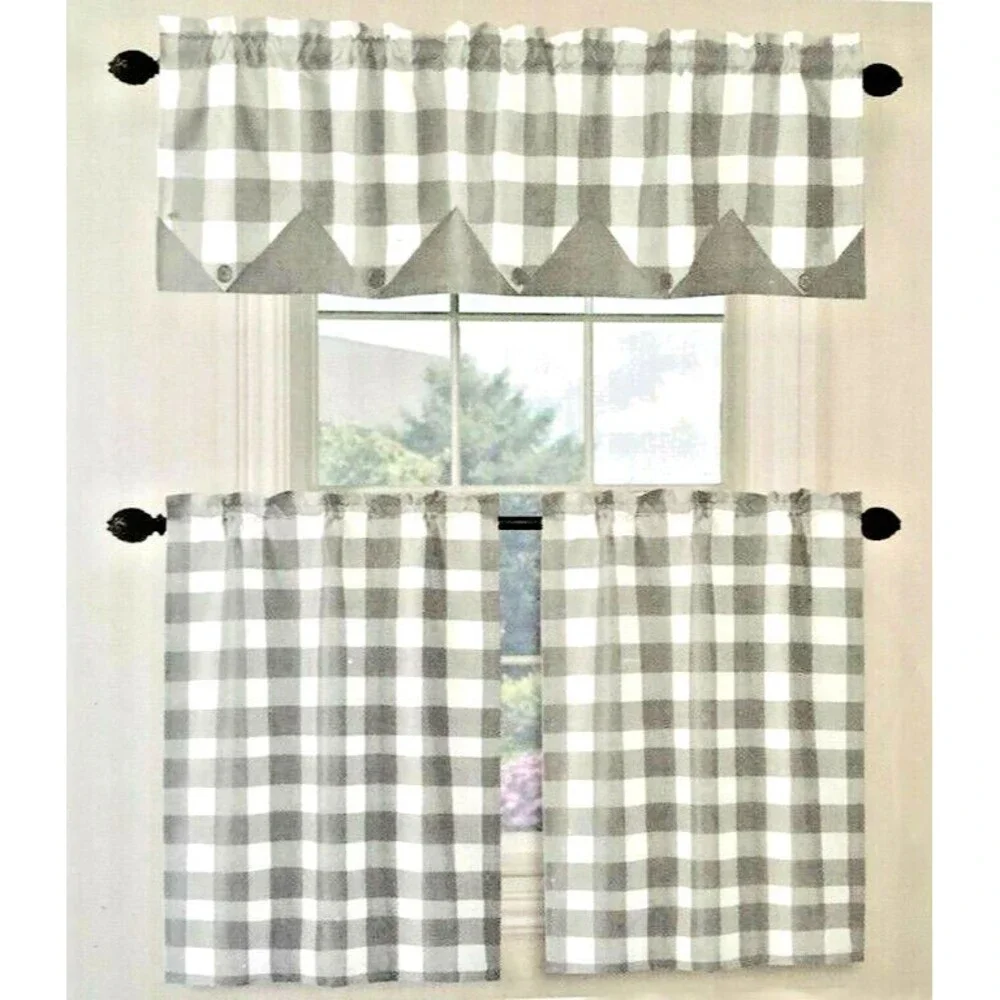 Nantucket Star Point Valance Tier Curtain Set Country Button Buffalo Check Gray